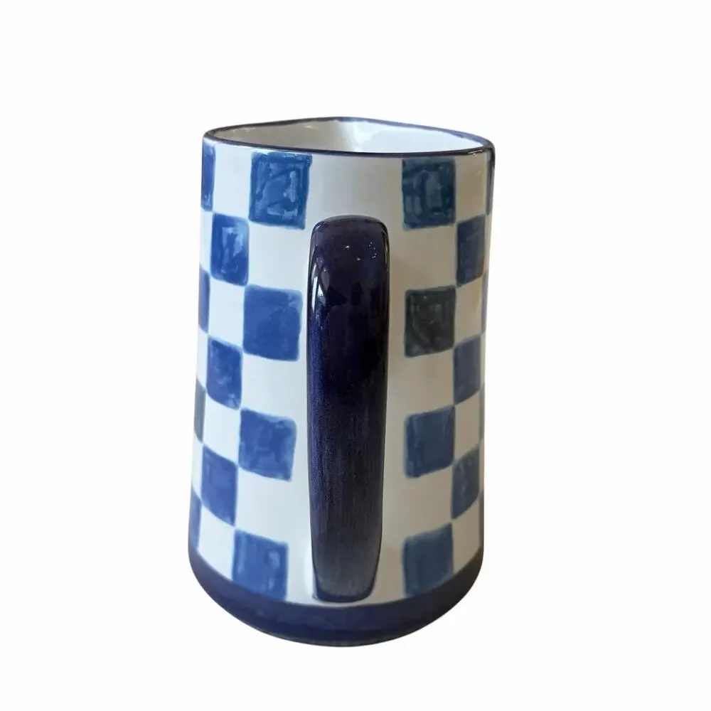 NEW Mackenzie Childs Indigo Check Pitcher 1.75 Qt Stoneware